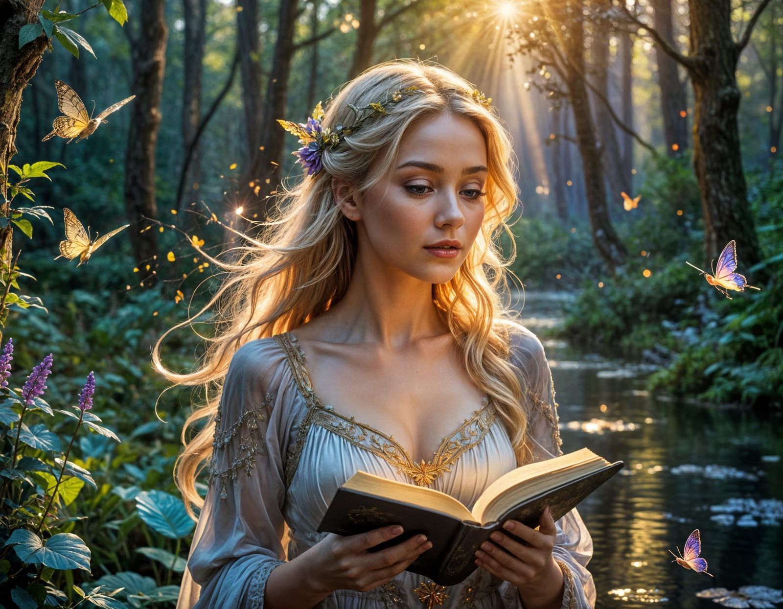 Ethereal Fantasy Scene of a Woman Reading Amidst a Whimsical...