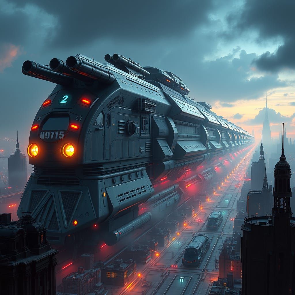 Sci-Fi Train Cityscape in Dystopian Style