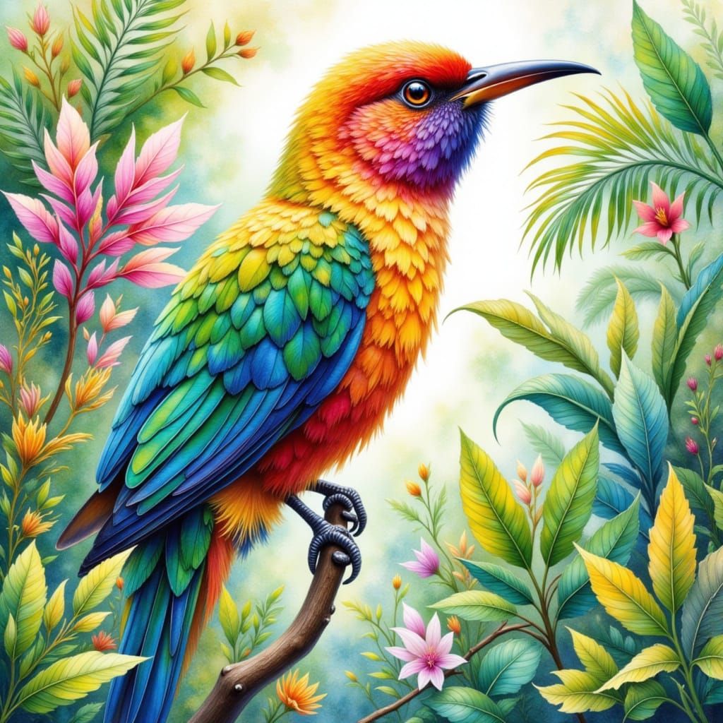 Vibrant Bird in Alcohol Watercolor Paradise