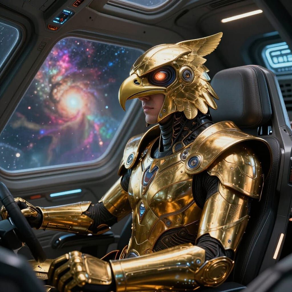 Golden Eagle Helmet Pilot in Alien Spaceship