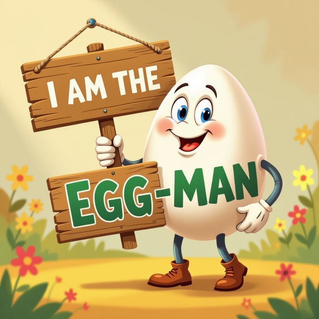 Whimsical Egg Character Holding 'I am the Egg-Man' Sign