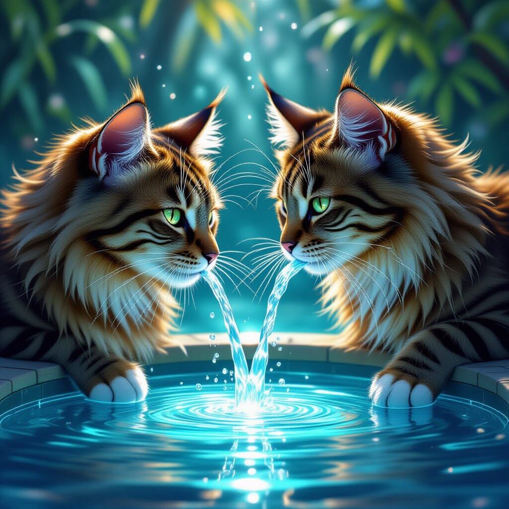 Majestic Cats Drink From Glowing Fountain of Life