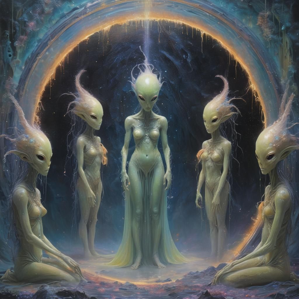 Surreal Alien Gathering around a Glowing Iridescent Portal i...