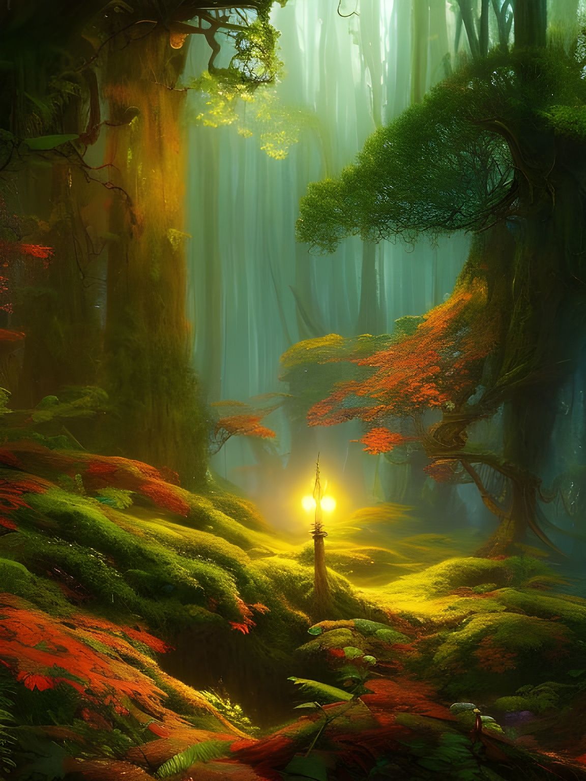 Enchanted Forest with Glowing Flowers and Mushroom Houses