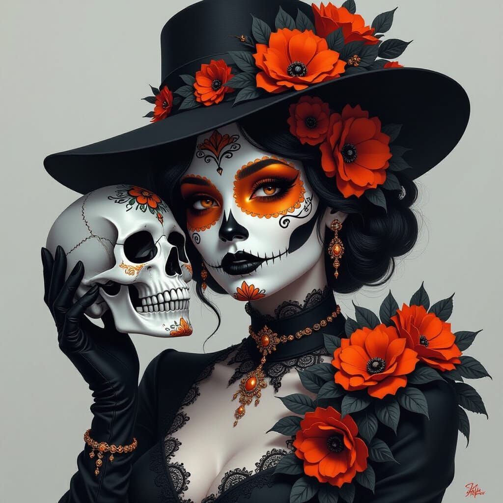 Woman with Sugar Skull Face and Floral Accents