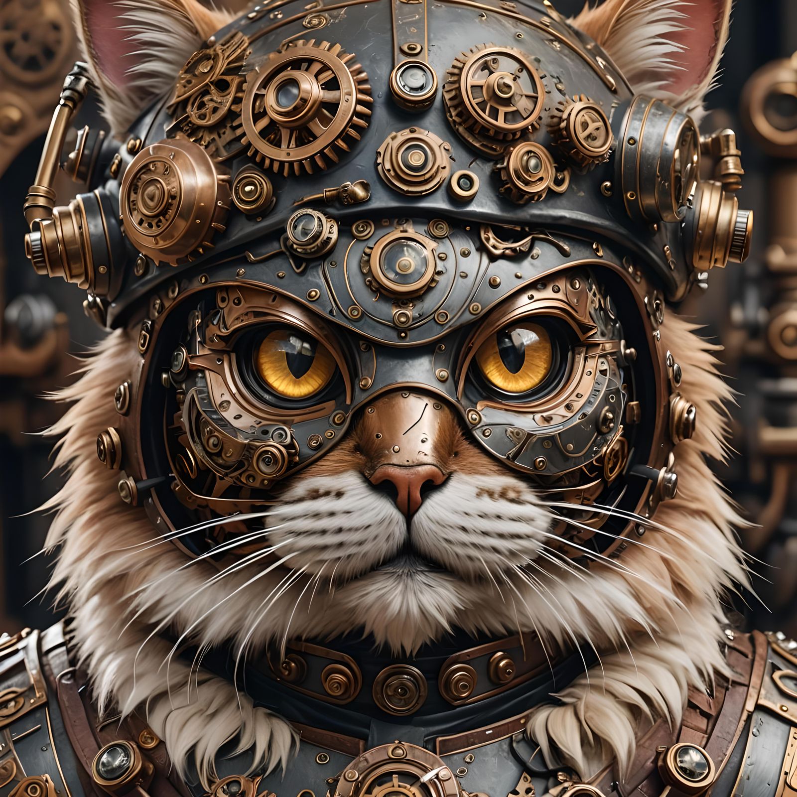 Steampunk Armored Cat Portrait with Detailed Helmet