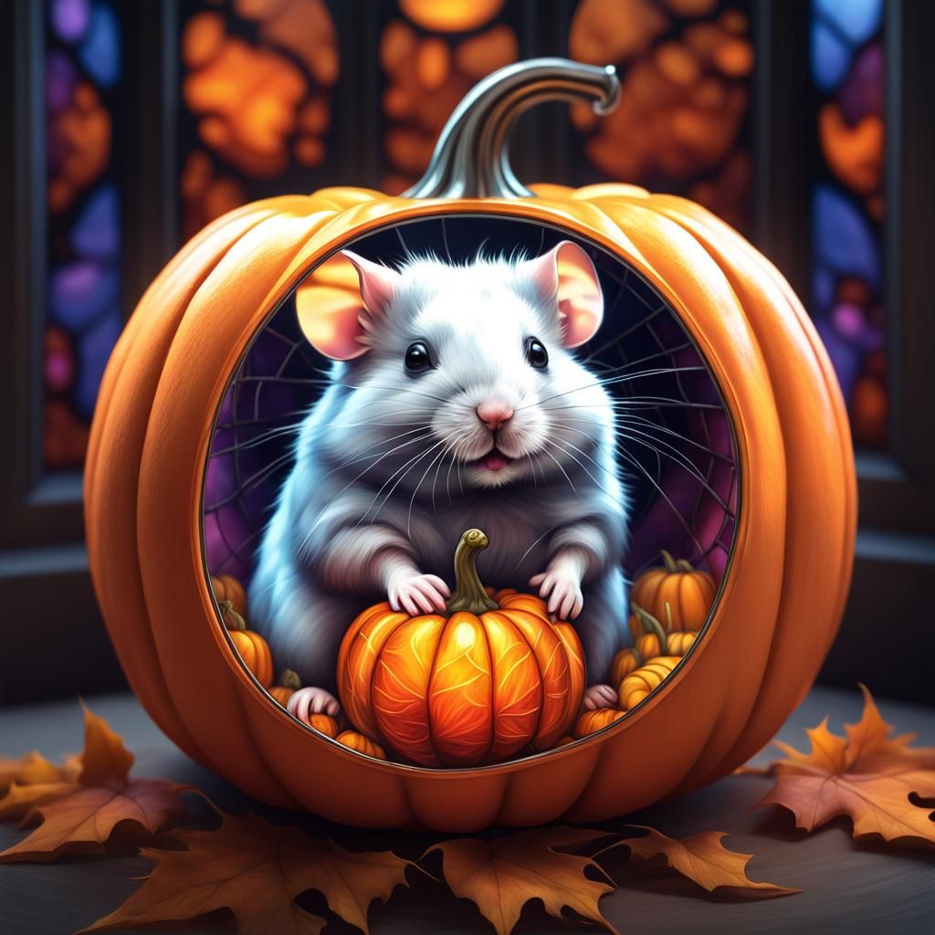 cute little hamster carved in a transparent stained glass pumpkin