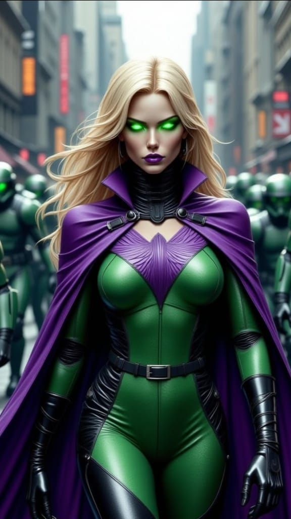 Green and Purple Superhero in a Metropolis Street Scene