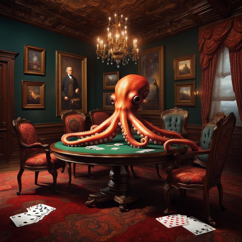 Steampunk Octopus Card Game in Victorian Parlor