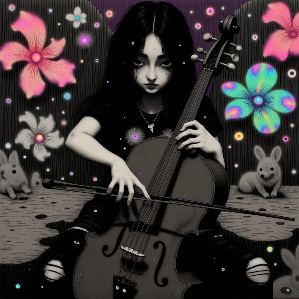 Surrealist Cello Player Lost in Dark, Cyberpunk Dreamscape