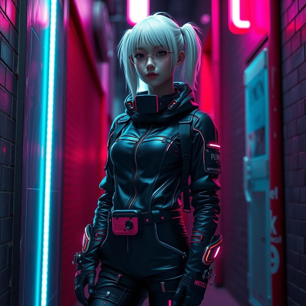 Cyberpunk Woman in Neon Alleyway: 3D Anime Art