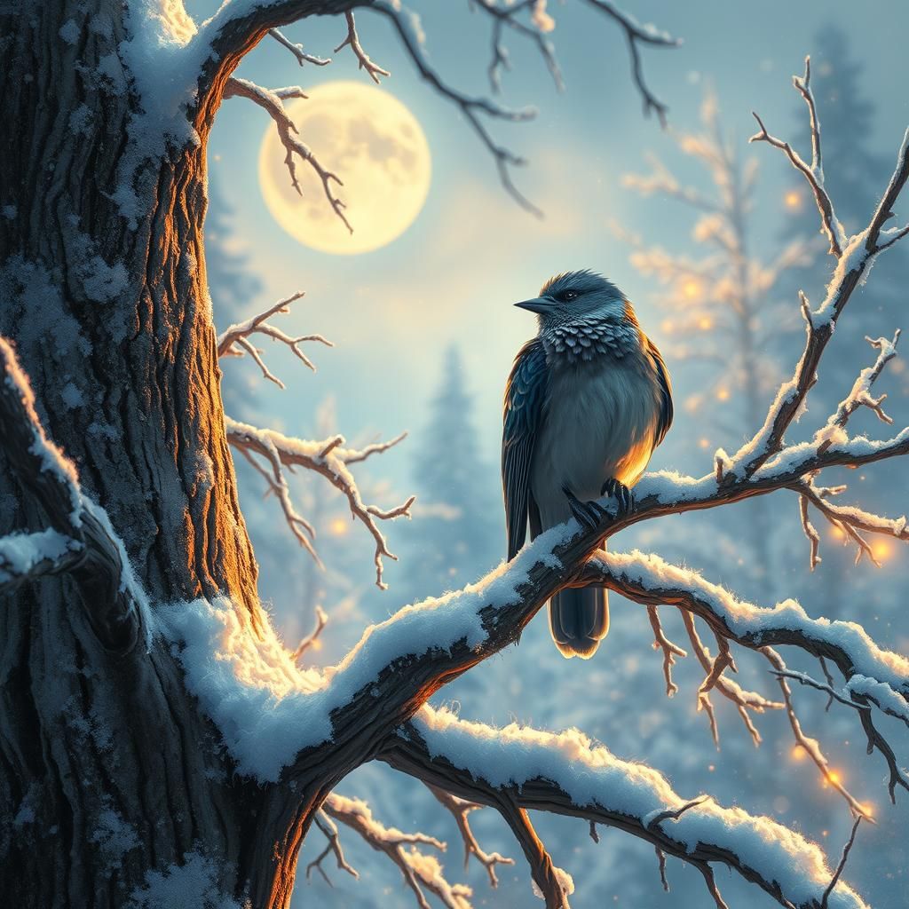 Majestic Bird in Winter Fantasy Landscape: Digital Oil Paint...