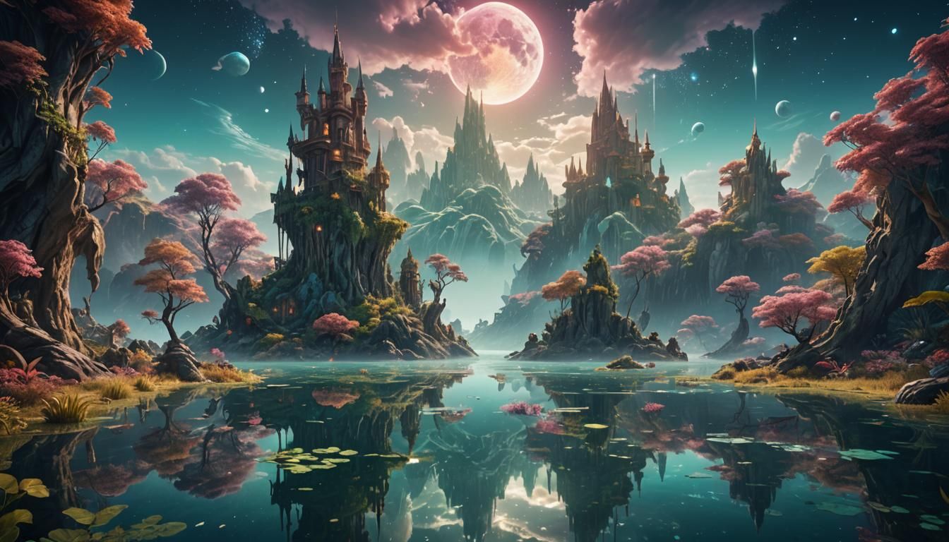 Dreamlike Whispy Lagoon in Deep Fantasy Colors