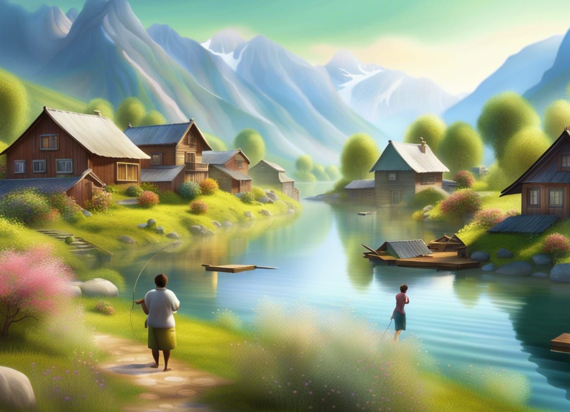 Picturesque River Village Scene in Detailed Digital Art