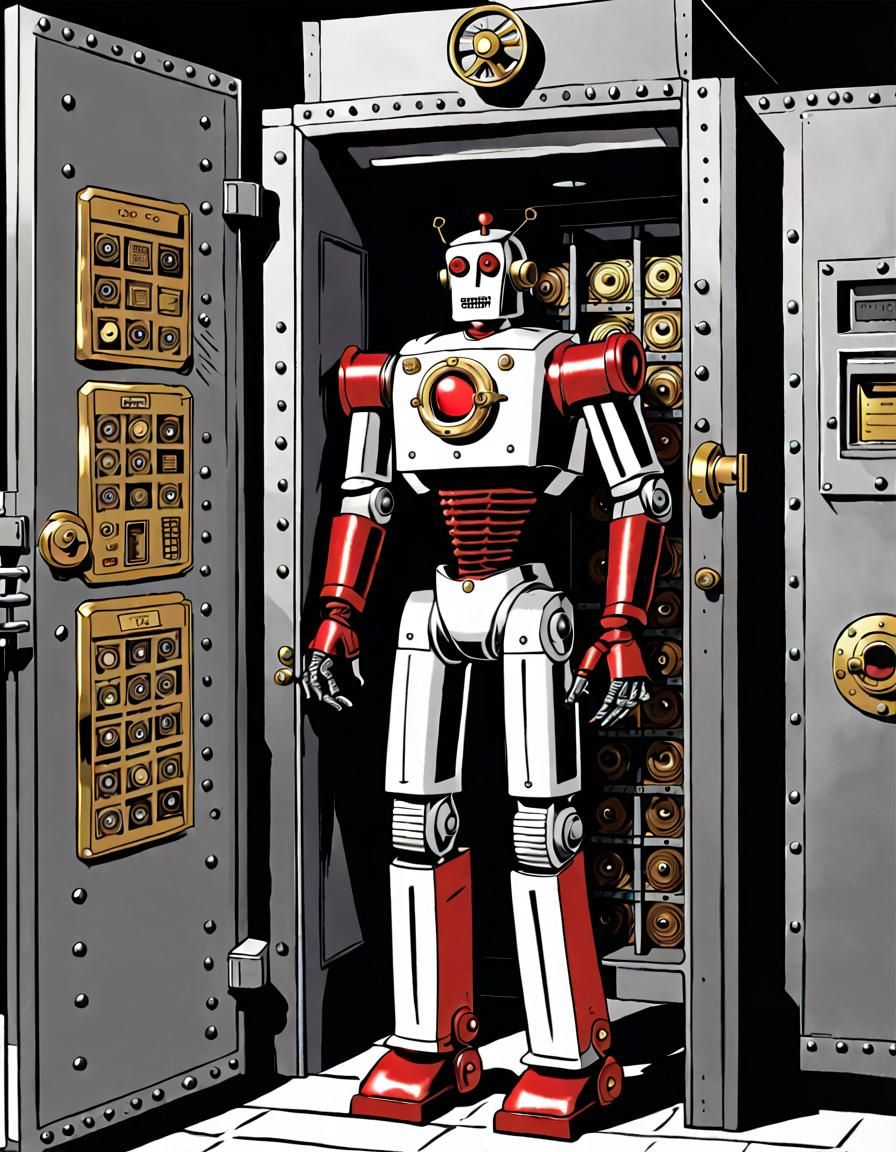 Robot Detective in Bank Vault, 1950s Comic Style
