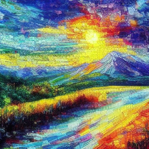 Impressionistic Oil Painting of Swiss Alps Cottage at Sunset