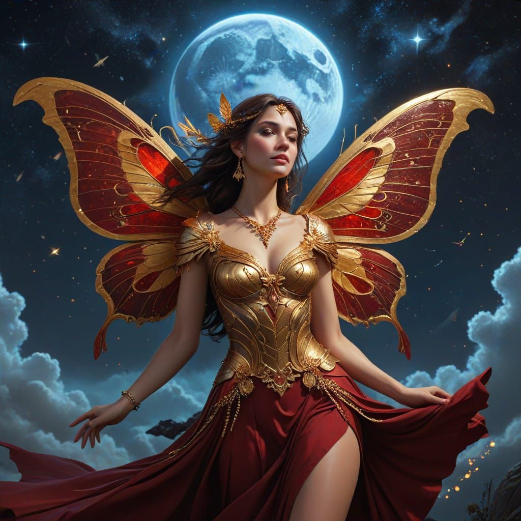 Brunette Woman with Golden Butterfly Wings in Celestial Nigh...