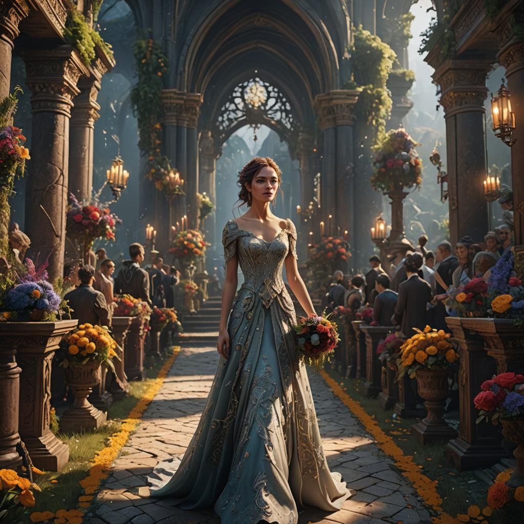 Girl Walking Aisle: Detailed Matte Painting
