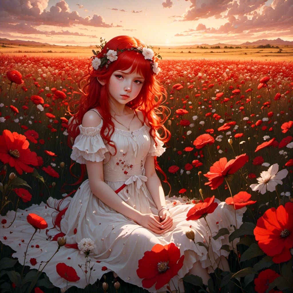 Anime Girl in Flower Field with Glowing Runes