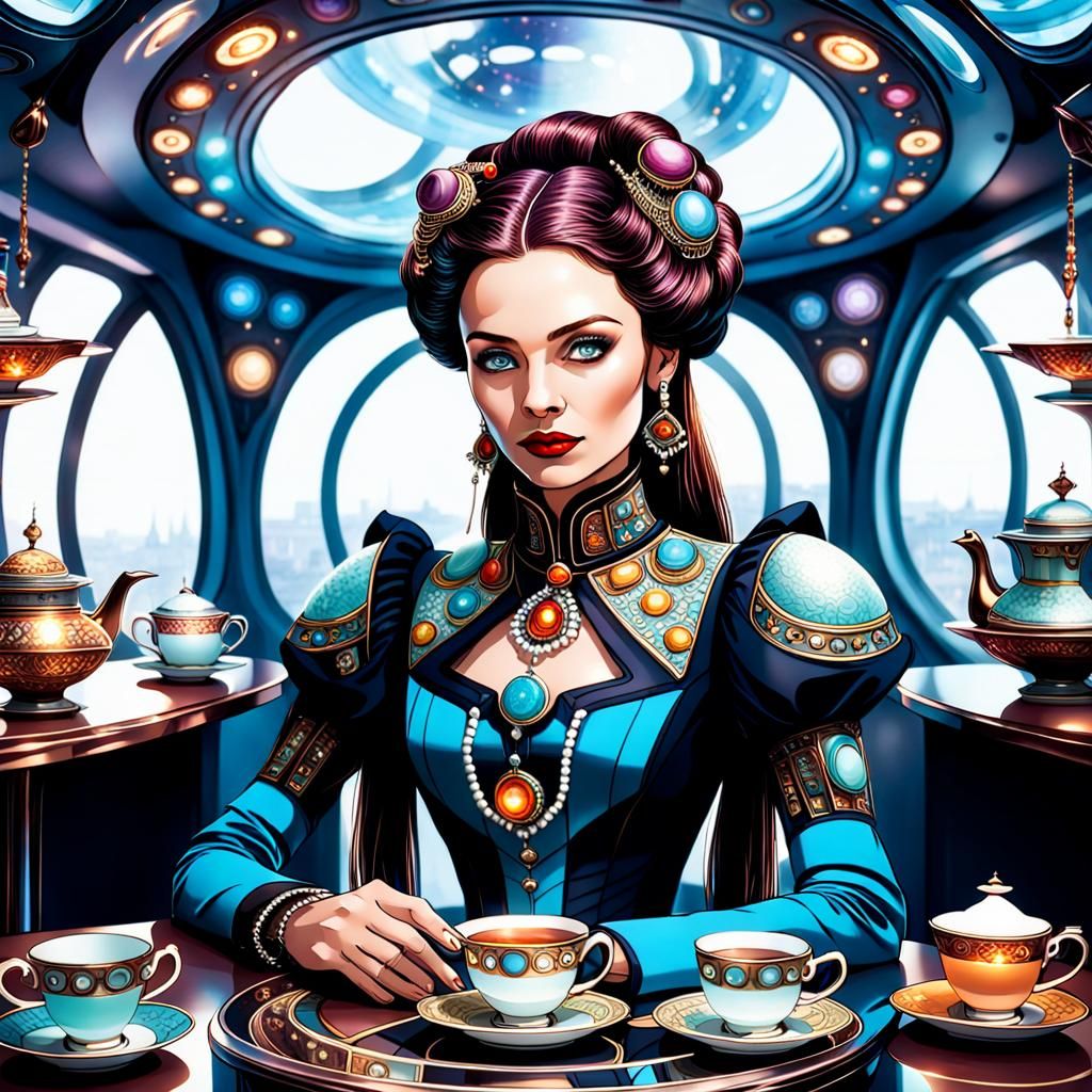 Victorian Tea Party in Futuristic Spaceship