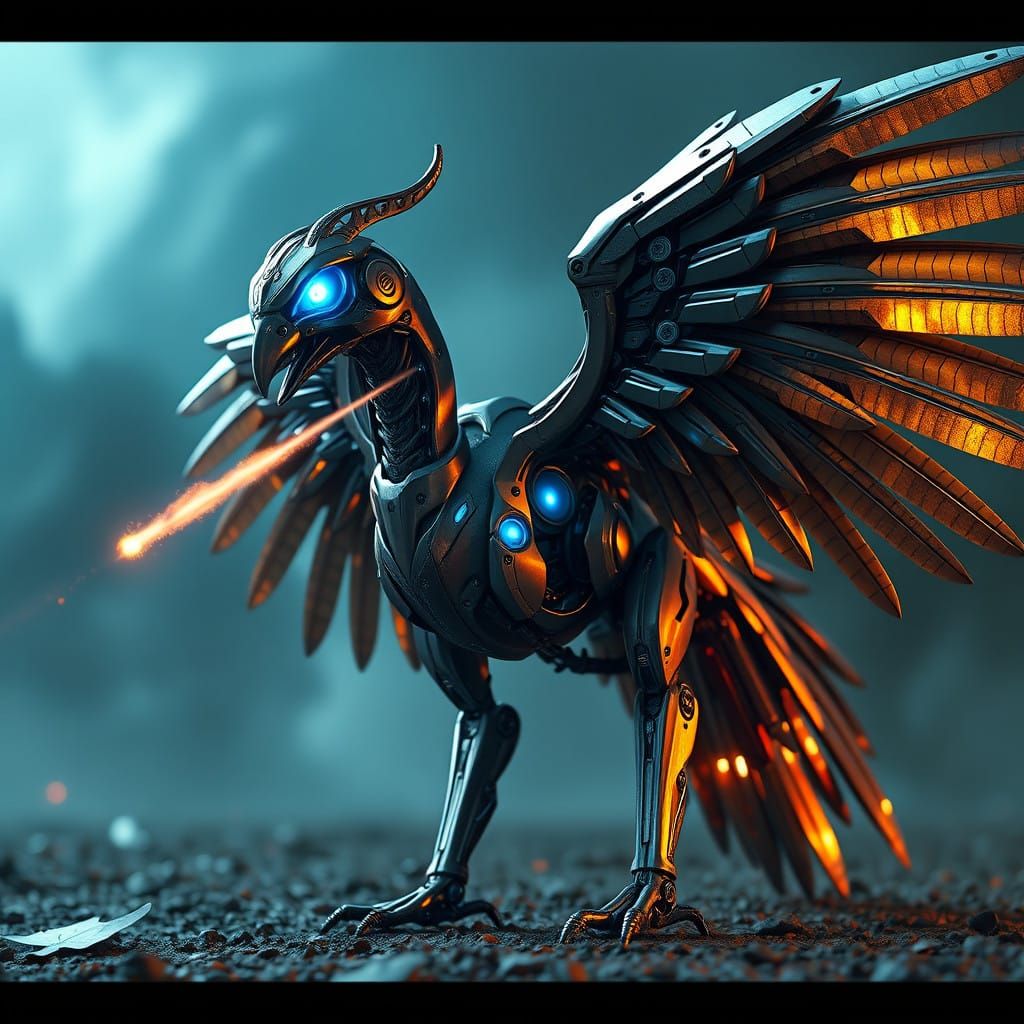A robotic greek harpy with glowing blue eyes shooting metal ...