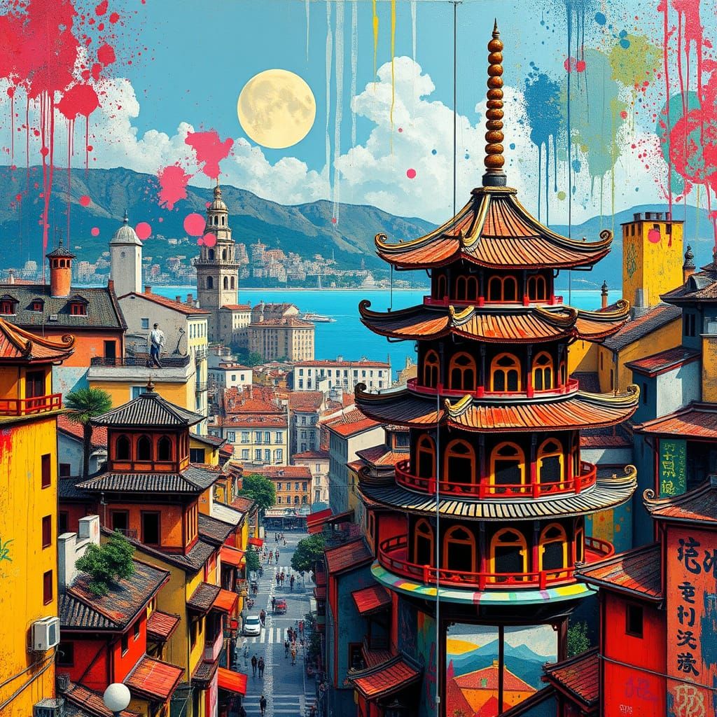 Naples Cityscape with Fruitcake Pagodas in Graffiti Style