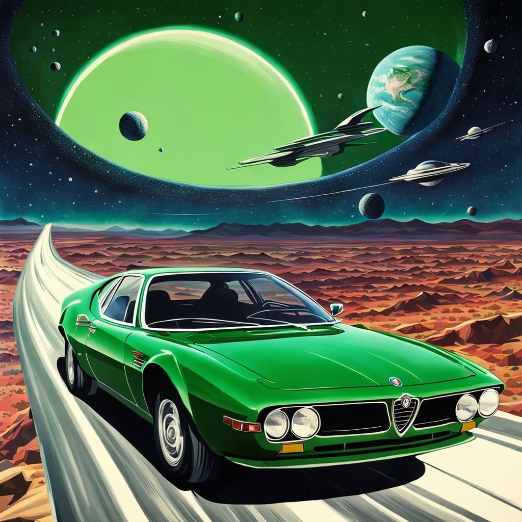 Green Alfa Romeo Montreal on a Space Highway