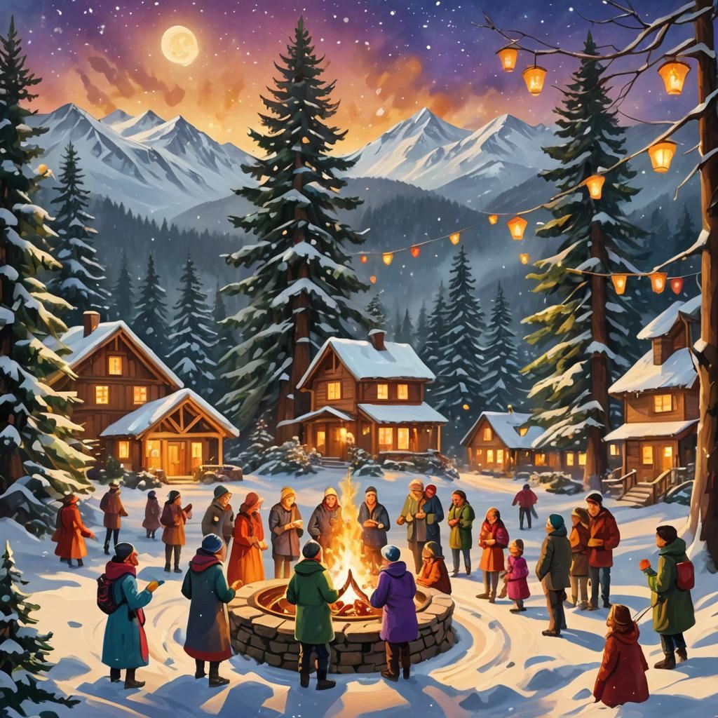 Christmas Celebration in the Mountains: Whimsical Digital Ar...