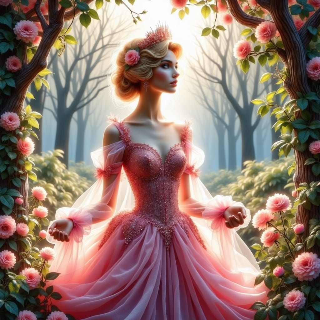 Ethereal Princess Aurora in Whimsical Woodland Scene