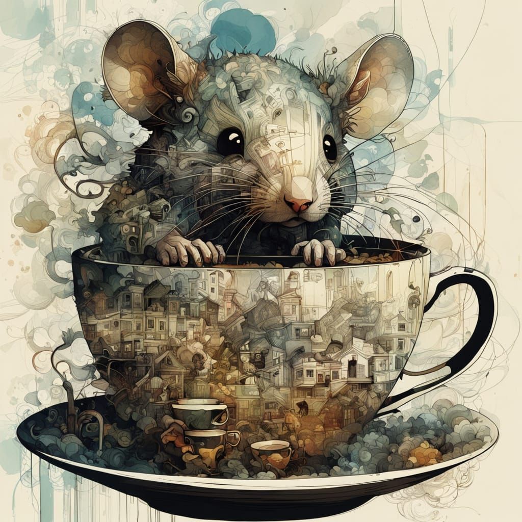 Surreal Mouse Navigates Coffee Cup in Intricate Double Expos...