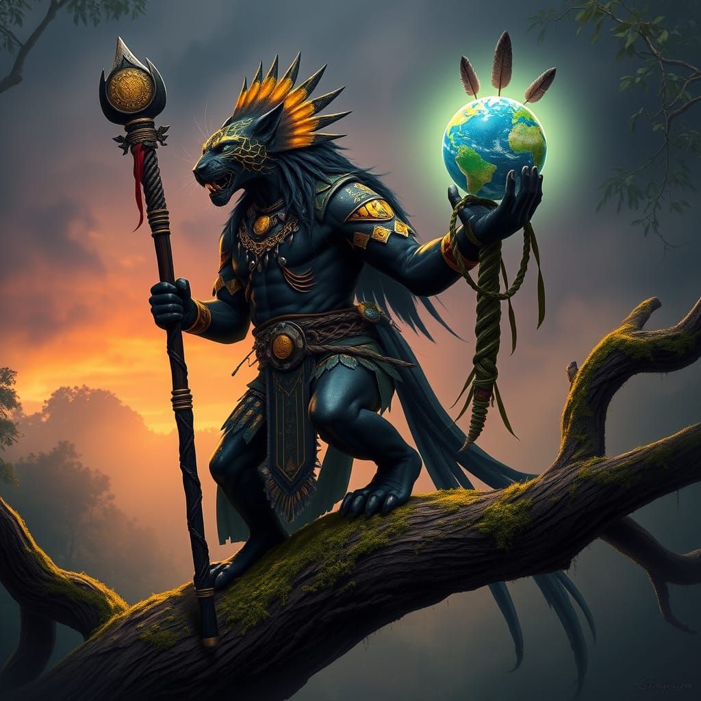 Majestic Jaguar God with Obsidian Staff in Rainforest
