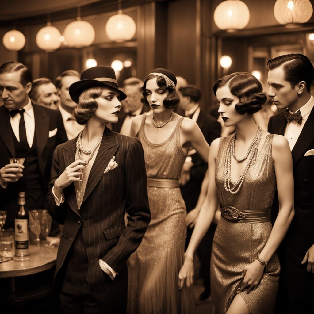 Roaring Twenties Speakeasy Scene in Sepia Tones