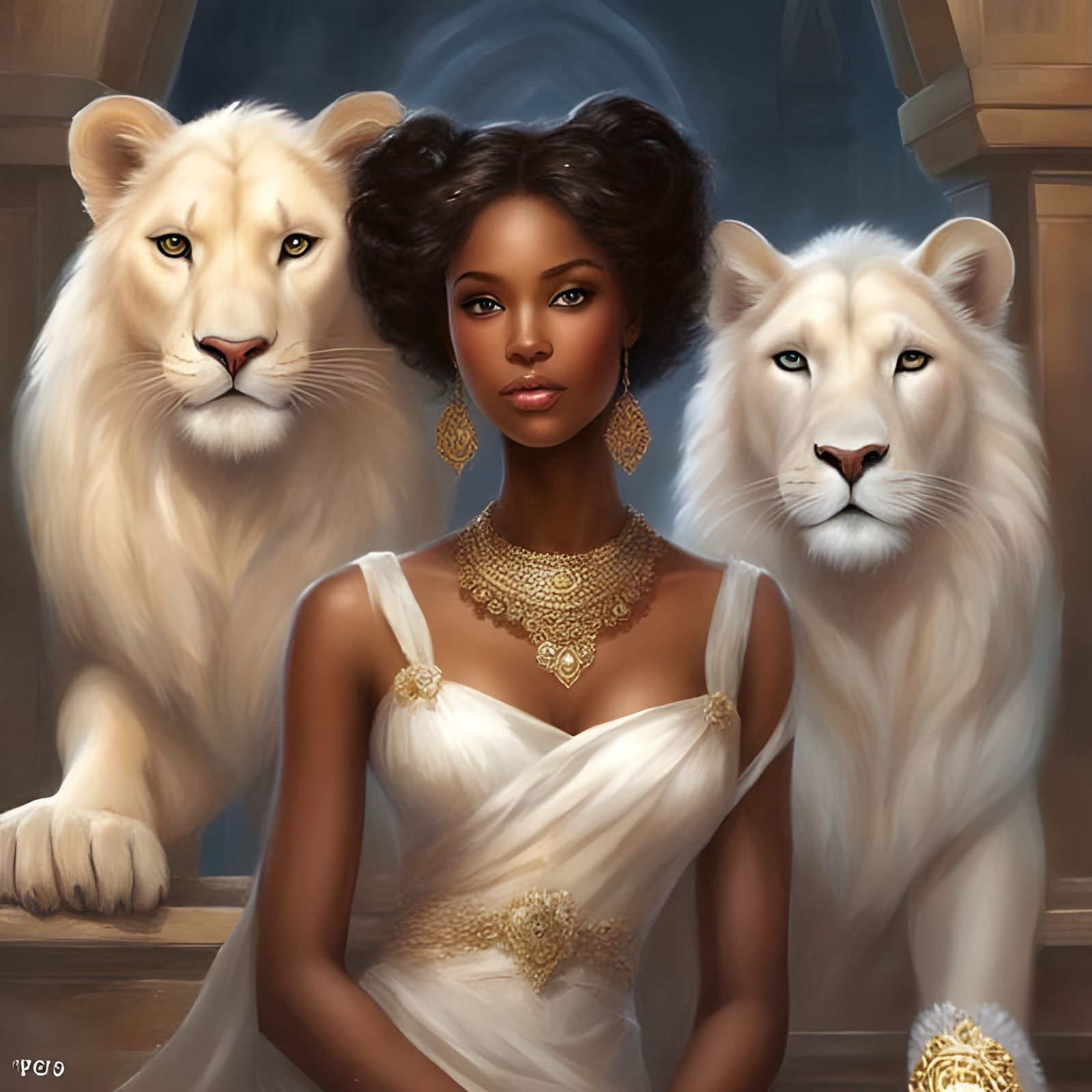 Nigerian Princess with White Lions: A Royo-Inspired Portrait