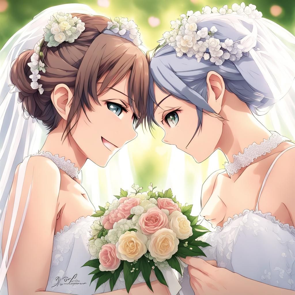 Lesbian Wedding Art in Anime Style