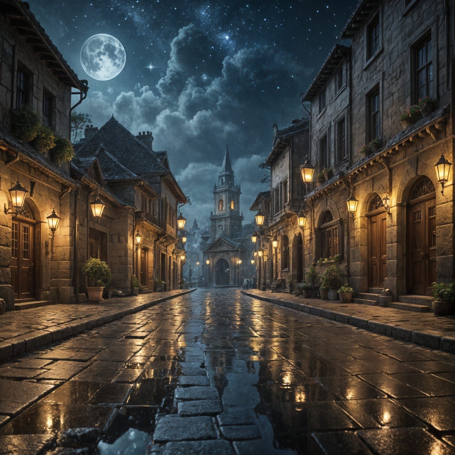 Ancient Stone City Glowing with Lanterns