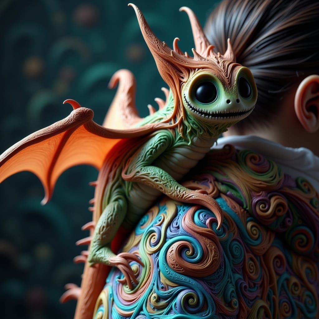 Dragon on Shoulder: Ink Splatter Psychedelic Art