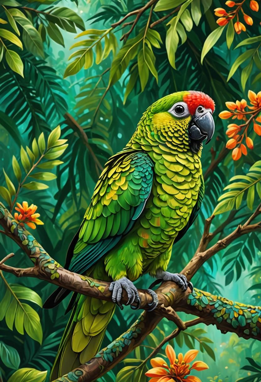 Green-Cheeked Conure in Surreal Metropolis Dreamscape