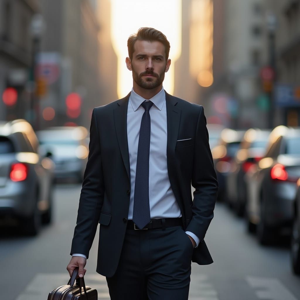 Realistic Photo of Man Walking in Financial District