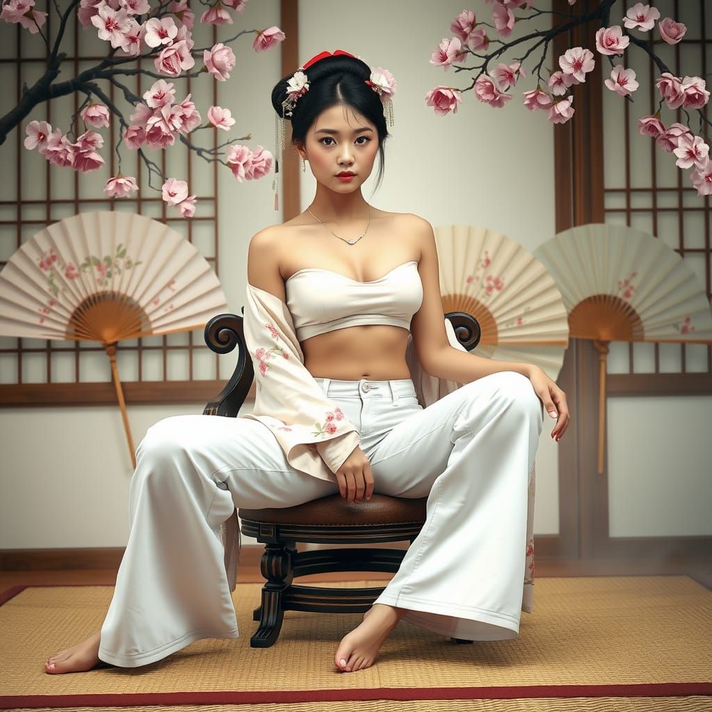 Geisha in Jeans with Cherry Blossoms, Photorealistic Style