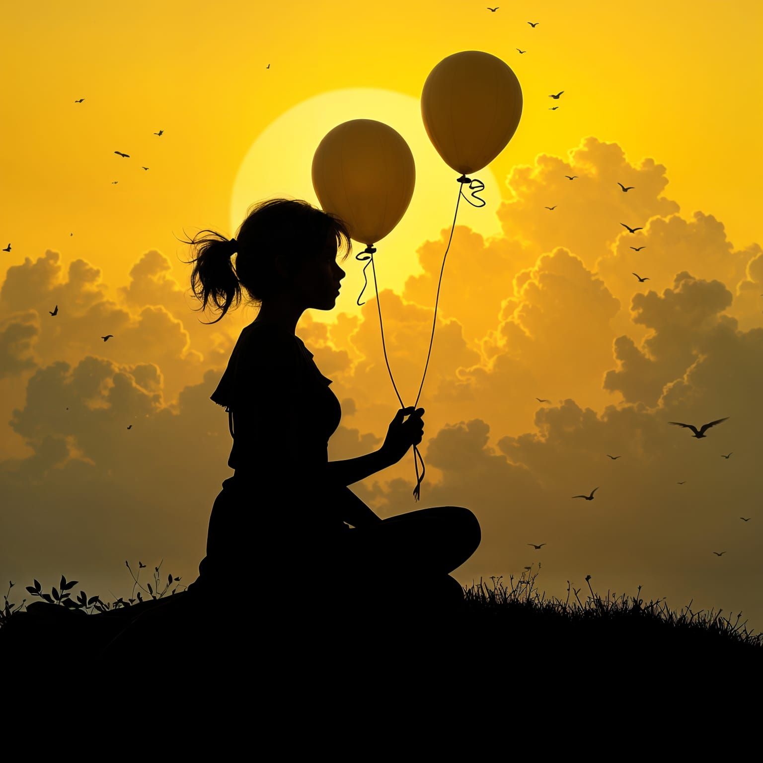 Ethereal Young Woman Holds Balloon Amidst Whimsical Cloudsca...