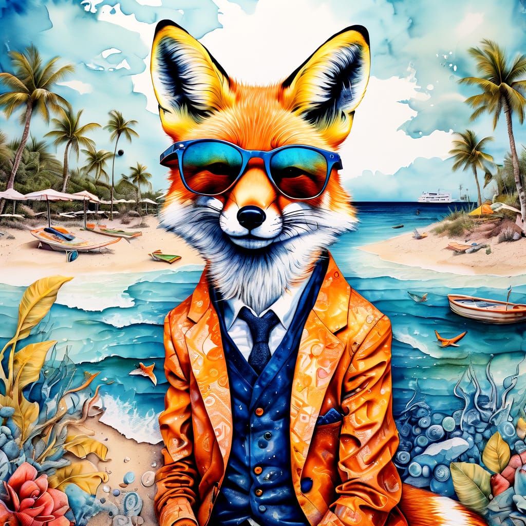 Surreal Fox with Sunglasses on Beach