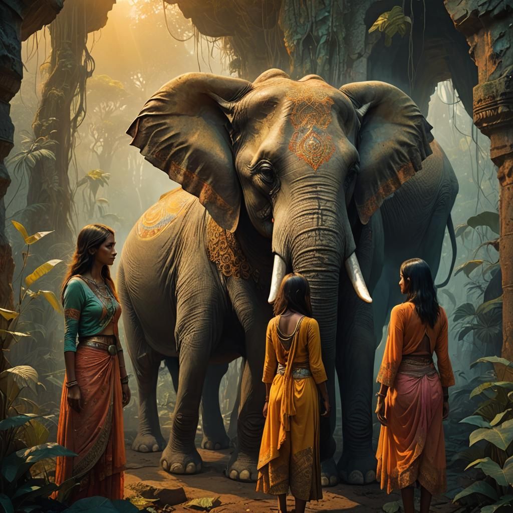 Mystical Jungle Scene with Elephant: Fantasy Art