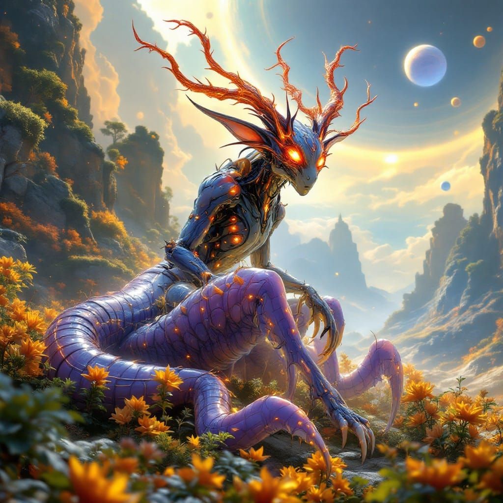 Cybernetic Fantasy Qilin Rides Alien Centipede on Starry Pla...