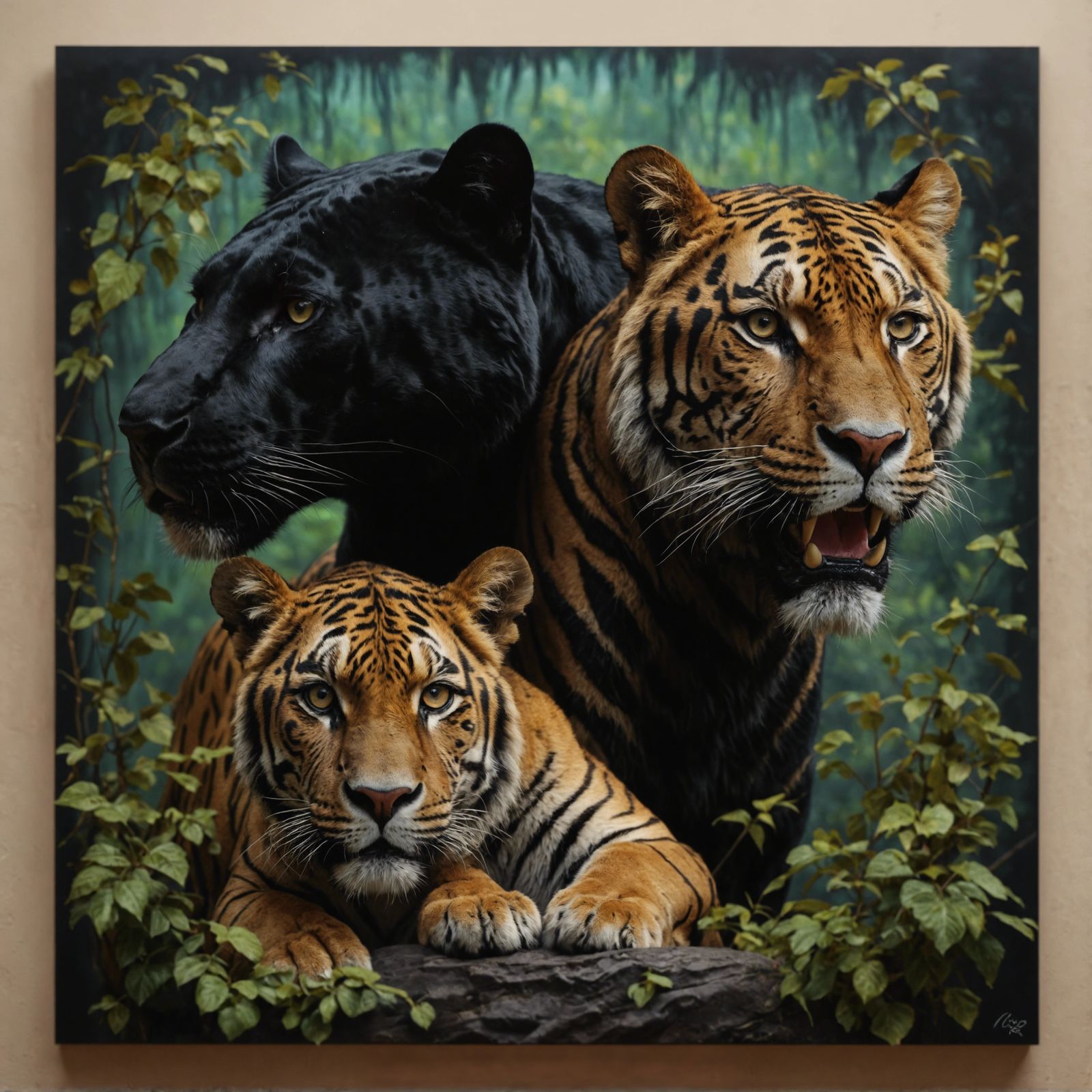 <lora:Hey its a monster:1.0> Hyper realistic portrait of a black panther and a bengal tiger in the foreground with a che...