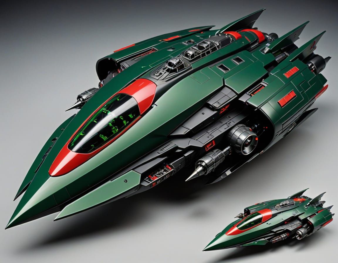 Sleek Green Spaceship with Skull Emblem in Sci-Fi Style