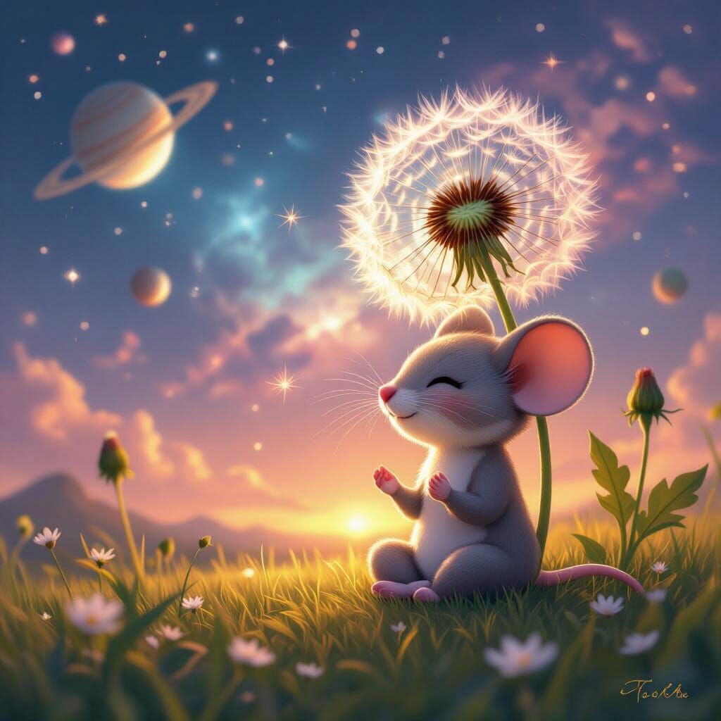 Chibi Mouse Meditates on Dandelion in Nebula