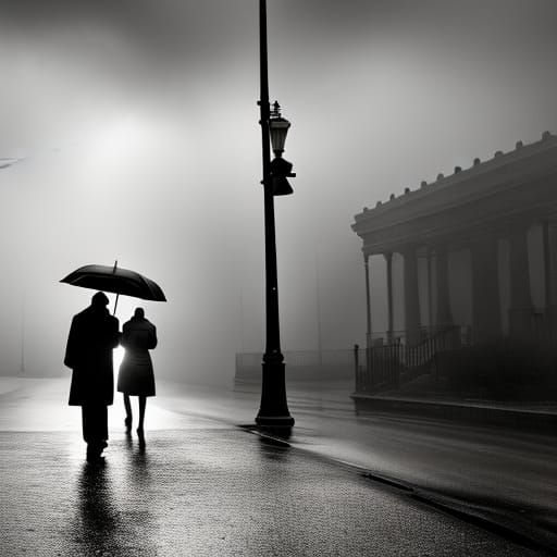 Classic Noir Cityscape - Rainy Street Scene
