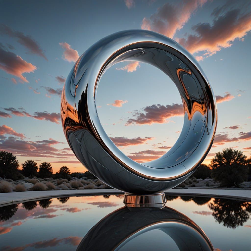 Futuristic Chrome Sculpture Reflects Surreal Landscape