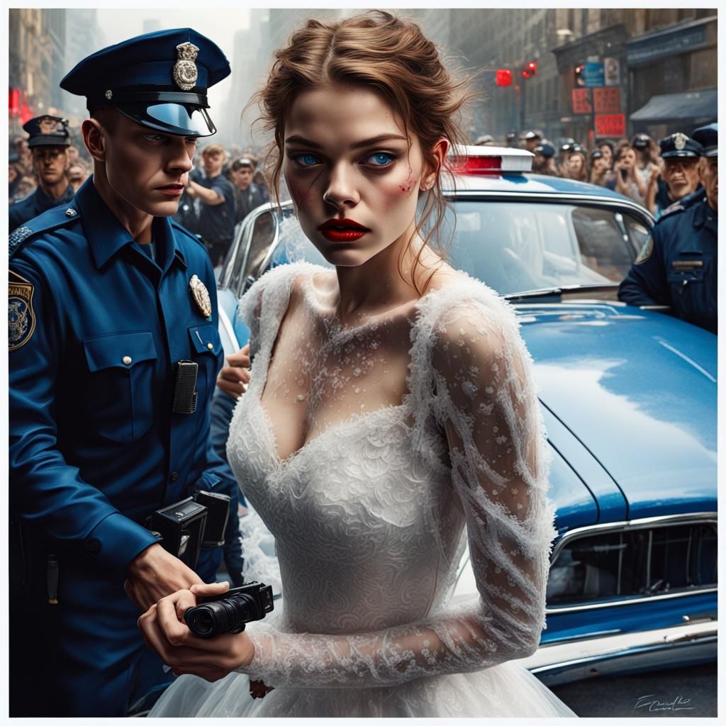 Woman in Wedding Dress Arrested, Photorealistic