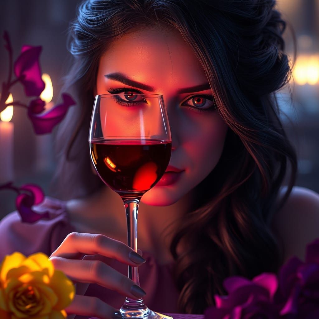 Contemplative Woman with Wine in Dark Fantasy Style